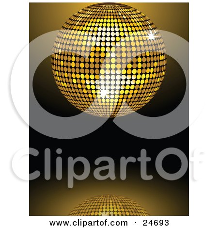 Clipart Illustration of a Sparkling Golden Mirror Disco Ball Spinning Over A Reflective Background by elaineitalia