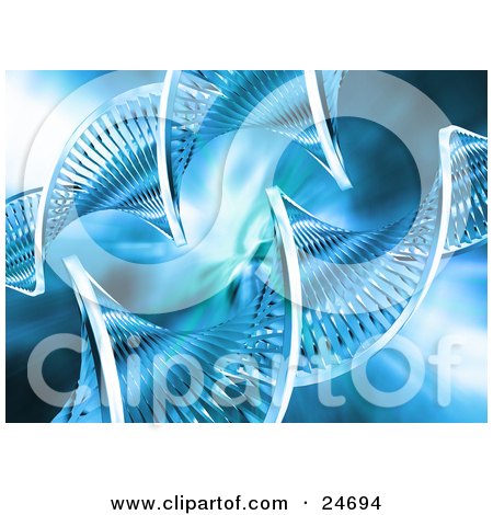 Clipart Illustration of Two Twisting Double Helix DNA Strands Over A Bright Blue And Green Background by KJ Pargeter
