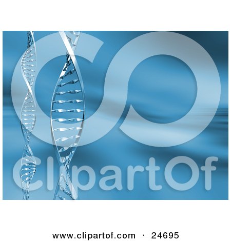 Clipart Illustration of Two Twisted DNA Double Helix Strands Over A Blue Background by KJ Pargeter