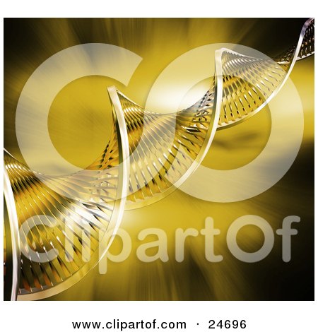 Clipart Illustration of a Twisting Double Helix DNA Strand Spanning Diagonally Over A Bursting Yellow Background by KJ Pargeter