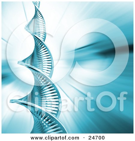Clipart Illustration of a Twisting DNA Strand Double Helix Spiraling Upwards Over A Bursting Blue Background by KJ Pargeter