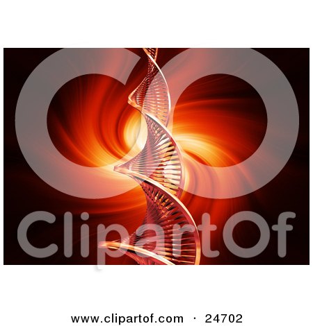 Clipart Illustration of a Spiraling Double Helix Strand Of DNA Over A Spiraling Red And Black Background by KJ Pargeter