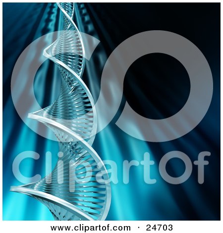 Clipart Illustration of a DNA Double Helix Strand Twisting Upwards Over A Blue Background With Dark Lighting by KJ Pargeter