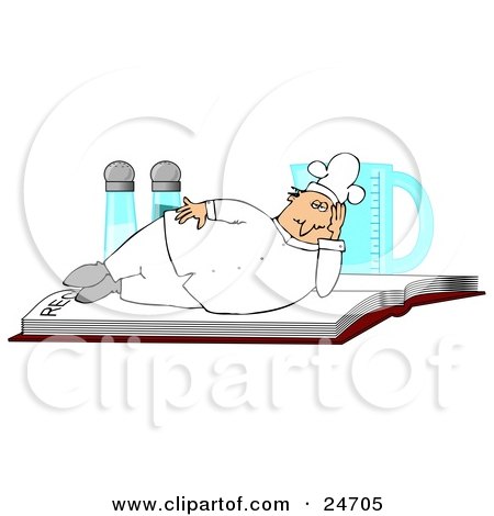 Clipart Illustration of a Chubby White Male Chef In A Uniform And Hat, Lying On A Recipe Book In Front Of Salt And Pepper Shakers And A Measuring Cup by djart