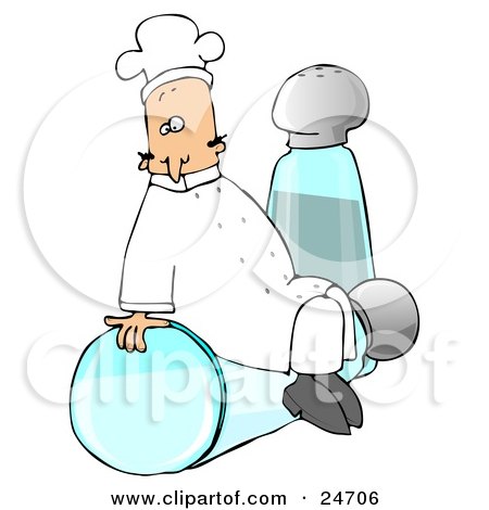 Clipart Illustration of a Male Caucasian Chef In A White Hat And Uniform, Sitting On Top Of A Tipped Salt Shaker In Front Of A Pepper Shaker by djart