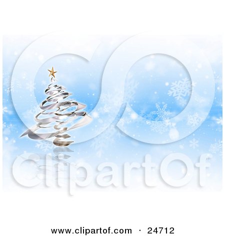Clipart Illustration of a Silver Spiral Christmas Tree With A Gold Star Star Over A Blue And White Snowflake Background by KJ Pargeter
