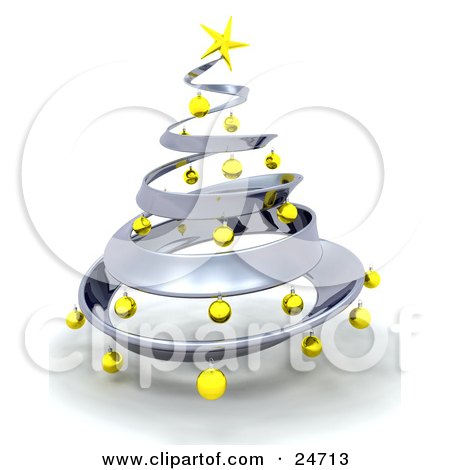 Clipart Illustration of a Metallic Silver Metal Christmas Tree Decorated In Yellow Ornaments And A Golden Star, Over White by KJ Pargeter