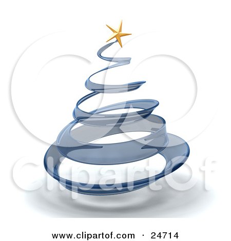 Clipart Illustration of a Blue Glass Spiral Christmas Tree With A Gold Star On Top, Over White by KJ Pargeter