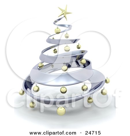 Clipart Illustration of a Metallic Chrome Metal Christmas Tree Decorated In Gold Ornaments And A Golden Star, Over White by KJ Pargeter