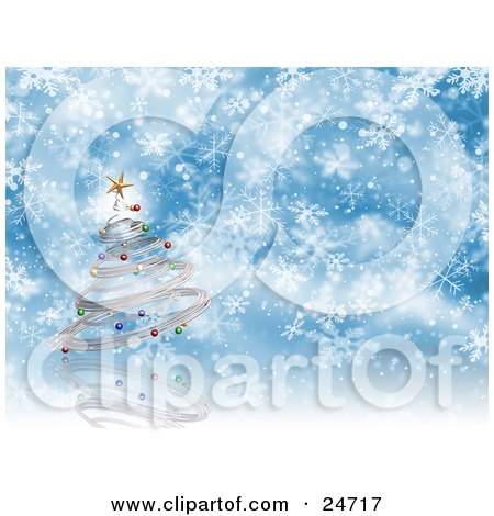 Clipart Illustration of a Silver Spiral Christmas Tree With Colorful Ornaments And A Star Over A Blue And White Snowflake Background by KJ Pargeter
