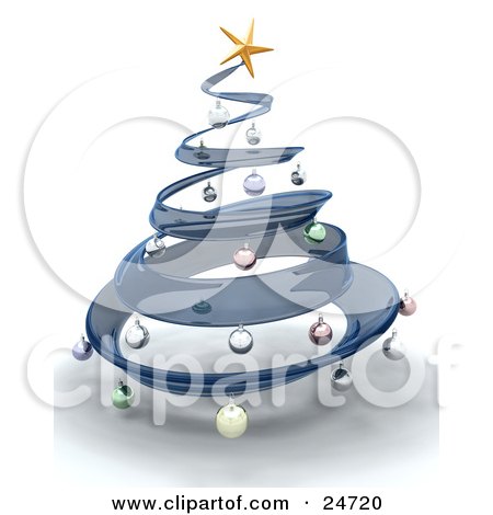 Clipart Illustration of a Blue Glass Spiral Christmas Tree With A Gold Star On Top, Decorated With Colorful Baubles, Over White by KJ Pargeter