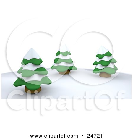 Clipart Illustration of Three Evergreen Trees Flocked In Snow On A Hill In Winter by KJ Pargeter