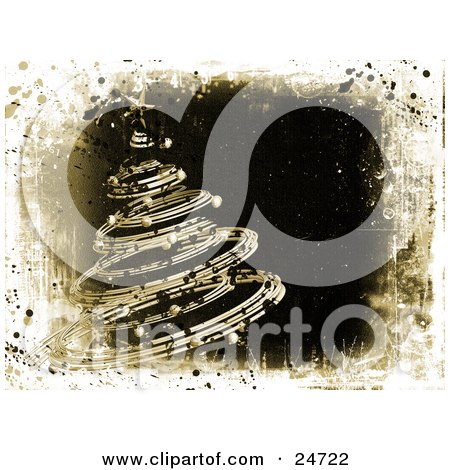 Clipart Illustration of a Spiral Christmas Tree In Yellow, Over A Dark Grunge Background With A White Frame And Black Paint Splatters by KJ Pargeter