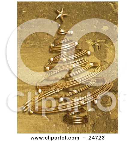 Clipart Illustration of a Spiral Christmas Tree In Gold, Over A Textured Grunge Background by KJ Pargeter