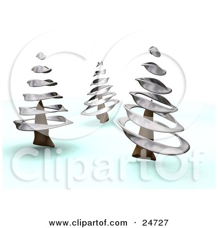 Clipart Illustration of Three Wintry Pink Trees With Silver Spirals, In A Winter Landscape by KJ Pargeter