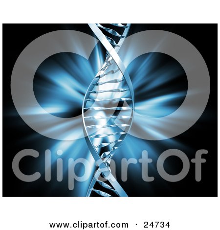 Clipart Illustration of a DNA Double Helix Strand Twisting Over A Black Background With A Blue Burst by KJ Pargeter