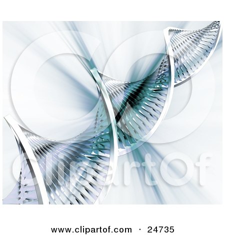 Clipart Illustration of a Twisting Double Helix DNA Strand Over A Bursting Blue And White Background by KJ Pargeter