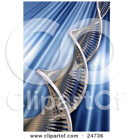 Clipart Illustration of a Chrome DNA Double Helix Strand Over A Blue Blurred Lined Background by KJ Pargeter