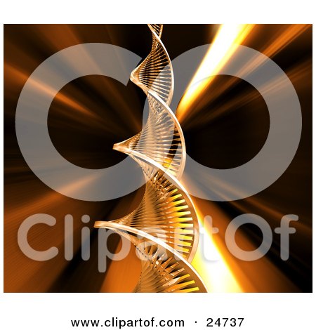 Clipart Illustration of a Spiraling Double Helix DNA Strand Twisting Upwards Over A Bursting Orange And Black Background by KJ Pargeter
