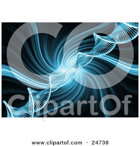 Clipart Illustration of a Double Helix DNA Strand Spanning Diagonally Over A Blue And Black Spiraling Background by KJ Pargeter