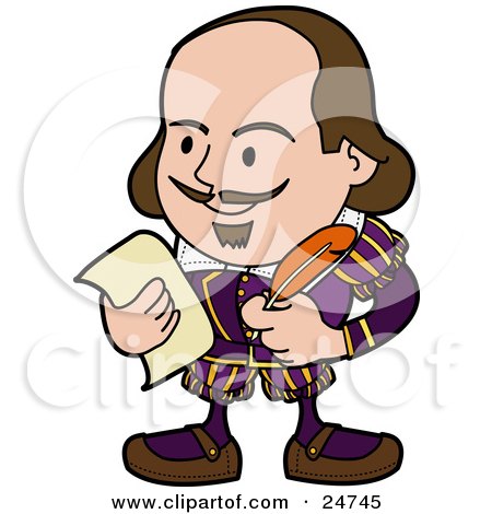 Clipart Illustration of Shakespeare With A Beard And Mustache, Holding A Quill Pen And A Piece Of Paper by AtStockIllustration