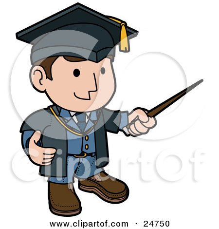 Clipart Illustration of a Friendly Male Teacher In A Graduation Cap And Blue Uniform, Waving Around A Pointer Stick While Teaching Class by AtStockIllustration