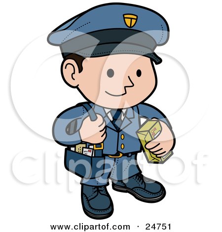 Clipart Illustration of a Friendly And Smiling Mail Man In A Blue Uniform, Carrying A Bag Of Letters by AtStockIllustration