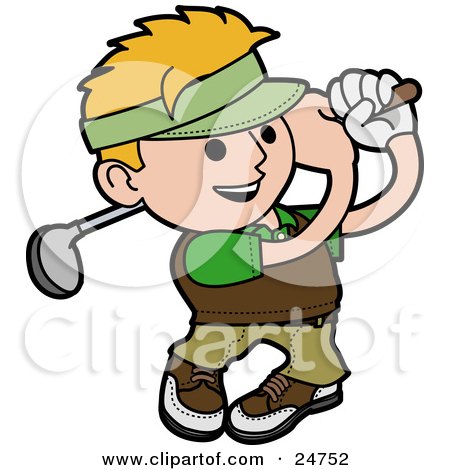 Clipart Illustration of a Blond Man Smiling While Swinging A Golf Club During A Day At The Course by AtStockIllustration