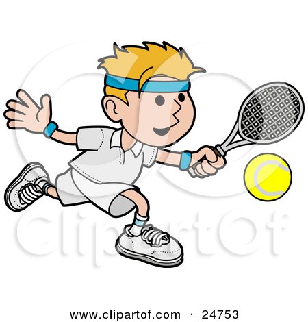 Clipart Illustration of an Athletic Blond Man Running After A Tennis Ball During A Game On The Court by AtStockIllustration