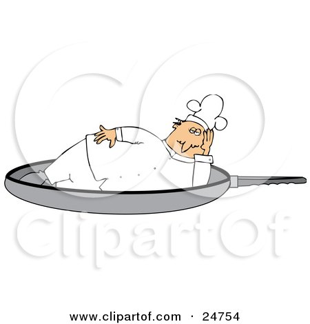 Clipart Illustration of a Chubby Male Chef In A White Uniform And Hat, Lying On His Side In A Frying Pan by djart