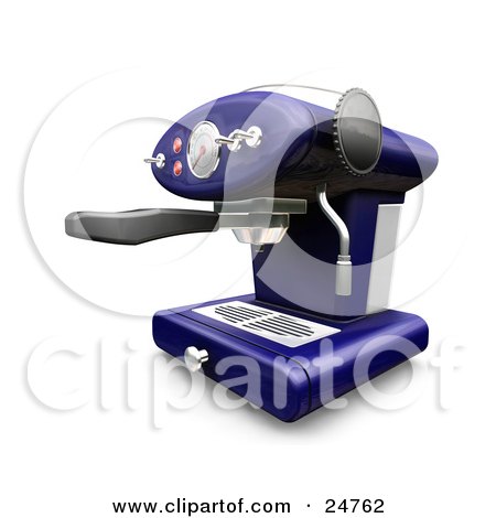 Clipart Illustration of a Chrome And Blue Cappuccino Machine With Chrome Knobs On A Kitchen Counter by KJ Pargeter