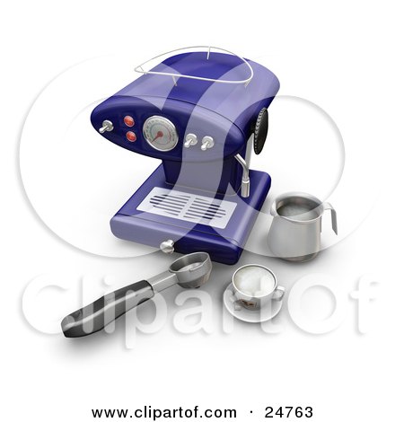 Clipart Illustration of a Blue Cappuccino Maker With Utensils And A Cup On A Kitchen Counter by KJ Pargeter