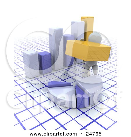 Clipart Illustration of a White Character Carrying A Piece To A Pie Chart In Front Of A Bar Graph Over A Grid Background by KJ Pargeter
