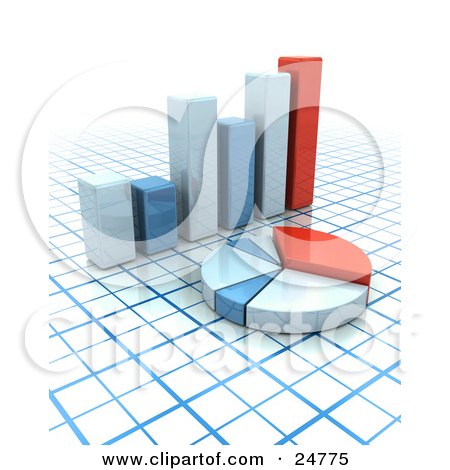 Clipart Illustration of a Red And Blue Pie Chart In Front Of A Matching Bar Graph Over A Grid Background by KJ Pargeter