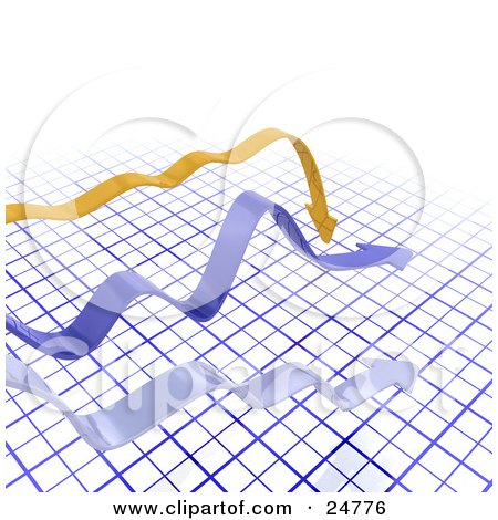 Clipart Illustration of Yellow, Blue And Gray Arrows Heading Downhill, Over A Blue Grid by KJ Pargeter