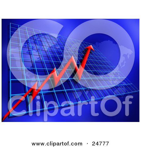 Clipart Illustration of a Profitable Red Arrow Over A Graph With A Map And Blue Background by KJ Pargeter