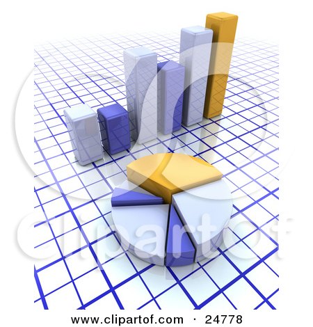Clipart Illustration of a Yellow And Blue Pie Chart In Front Of A Matching Bar Graph Over A Grid Background by KJ Pargeter