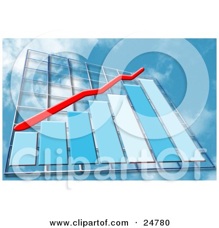 Clipart Illustration of a Red Line Above Blue Bars Increasing On A Graph In The Sky by KJ Pargeter