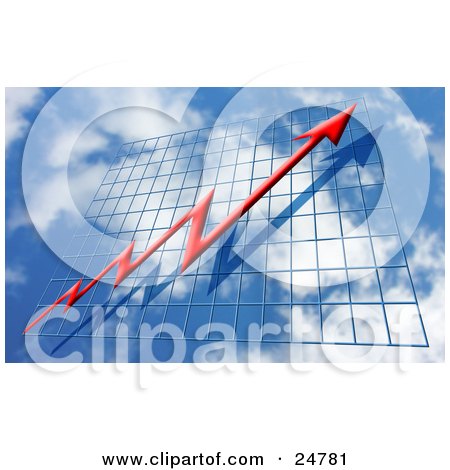 Clipart Illustration of a Red Arrow With Sharp Points, Headed Upwards Over A Graph In The Sky, Symbolizing Profits by KJ Pargeter