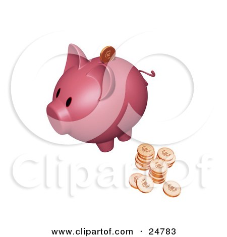 Clipart Illustration of a Pink Piggy Bank With Stacks Of Euro Coins, One Coin Going Into The Slot by KJ Pargeter