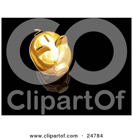 Clipart Illustration of a Gold Piggy Bank With A Coin Slot, On Top Of A Reflective Black Surface by KJ Pargeter