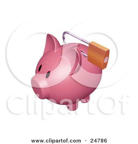 Clipart Illustration of a Pink Piggy Bank With A Padlock Securing The Slot by KJ Pargeter