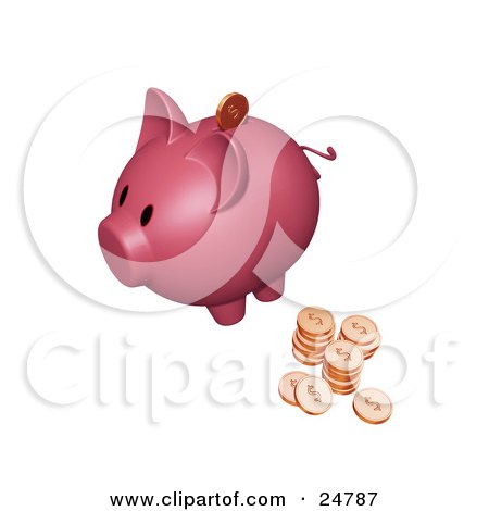 Clipart Illustration of a Pink Piggy Bank With Stacks Of Dollar Coins, One Coin Going Into The Slot by KJ Pargeter