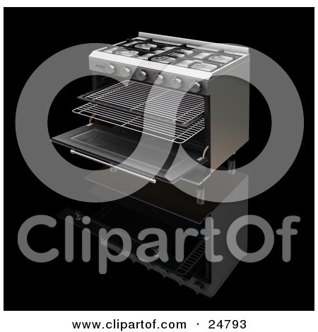 Clipart Illustration of a Professional Gas Oven With The Door Open And Trays Sticking Out by KJ Pargeter