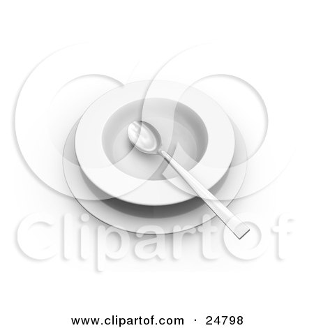 Clipart Illustration of a Silver Spoon In An Empty Clean Bowl On A Saucer by KJ Pargeter