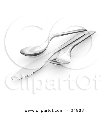 Clipart Illustration of a Chrome Spoon, Butter Knife And Fork Set On A Table by KJ Pargeter
