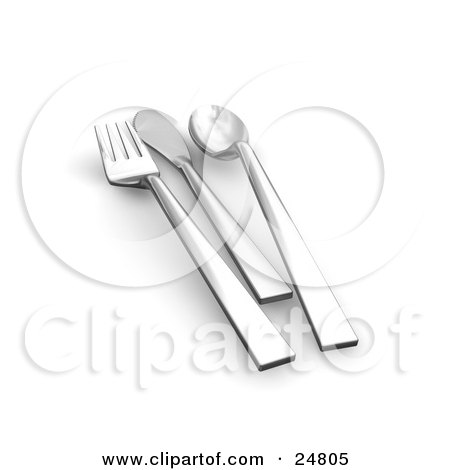 Clipart Illustration of a Set Of Chrome Forks, Knives And Spoons On A White Counter by KJ Pargeter