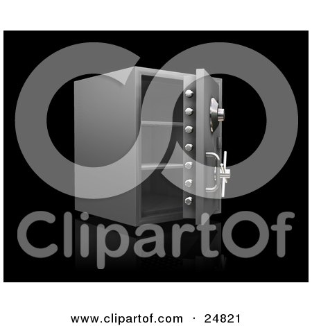 Clipart Illustration of a Chrome Safe, Opened And Displaying Empty Shelves, Over Black by KJ Pargeter