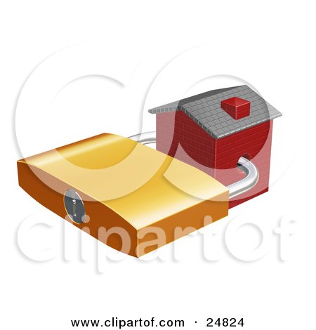 Clipart Illustration of a Red Brick Home Locked With A Golden Padlock, Symbolizing Foreclosure by KJ Pargeter