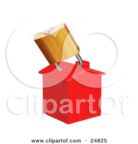 Clipart Illustration of a Red Brick House, Secured With A Gold Padlock, Symbolizing Home Security Or Foreclosure by KJ Pargeter